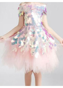 Vestido de Ceremonia para Niñas Princesa de Tul Rosa Pálido Asimétrico