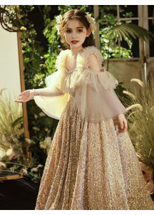 Vestido de noche para niñas con mangas de muselina vaporosas de color dorado