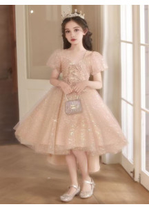 Champagne Tulle Flower Girl Dress with Asymmetrical Cut