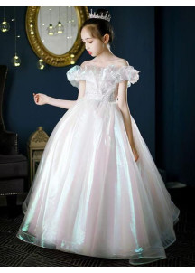 Vestido de dama de honor para niña en tul blanco iridiscente con reflejos de arcoíris