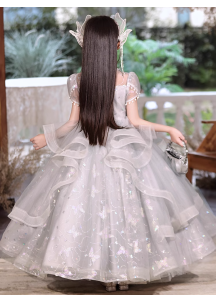 Silver Gray Tulle Baptism Dress with Claudine Collar and Layered Ruffles