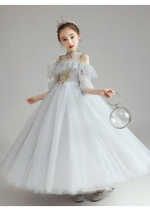 Vestido de Cérémonia de Tul de Gris con Bordado Dorado