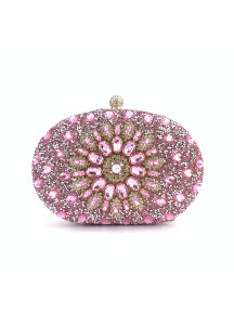 Oval-Shaped Evening Clutch Bag with Black and Golden Crystals and Floral Pattern