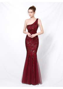 robe de soirée sirène émeraude seule épaule asymétrique à paillettes scintillantes