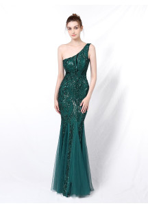 Emerald Mermaid One-Shoulder Evening Gown