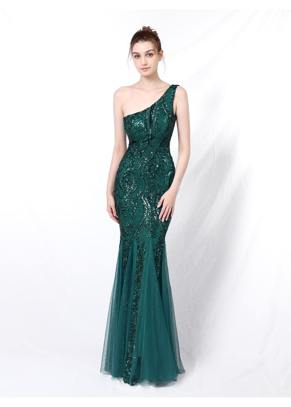 robe de soirée sirène émeraude seule épaule asymétrique à paillettes scintillantes