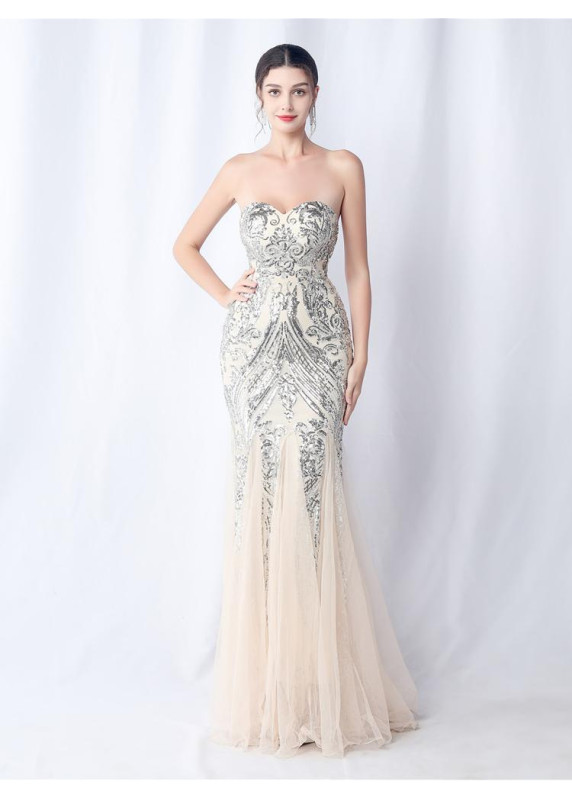 Lilac Fitted Evening Gown with Sequins and Flowing Ruffles