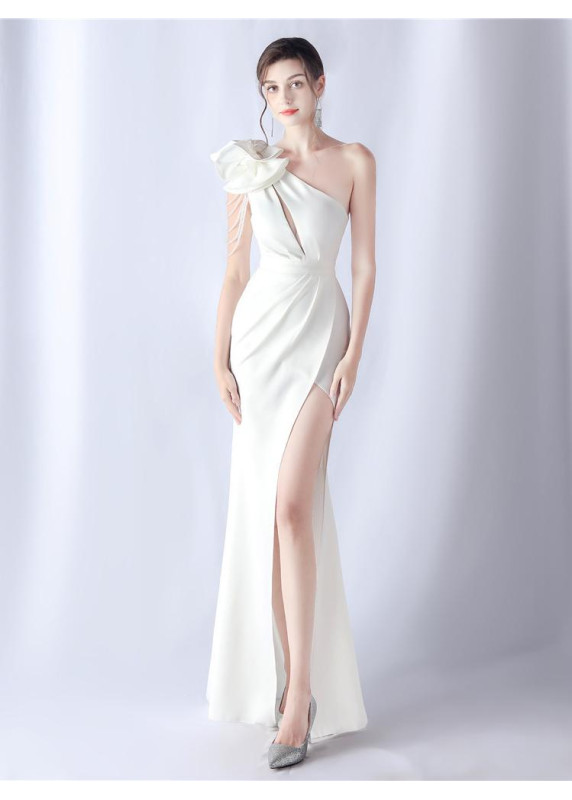 Burgundy Evening Gown with Asymmetric Draping and Thigh-High Slit