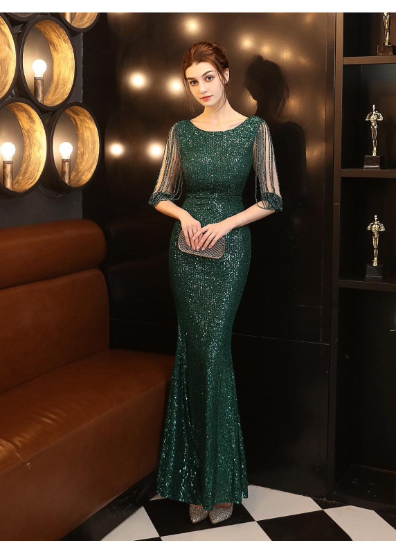 robe de soirée moulante étincelants avec manches ornées de longues franges perlées