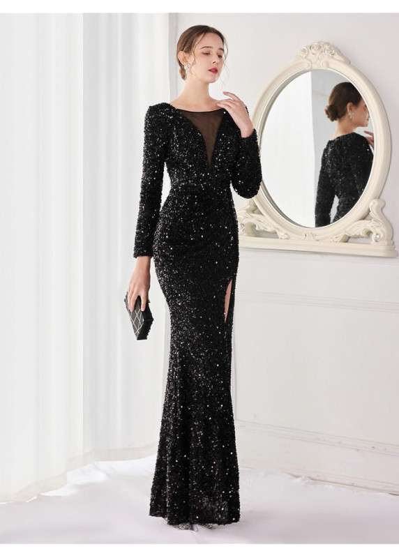 robe de soirée scintillante à sequins gris argentés avec manches longues