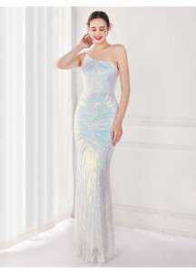 robe de soirée à motif géométrique bleu et de turquoise reflets scintillants