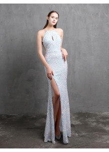 robe de soirée grise en paillette décolleté halter jupe fendue