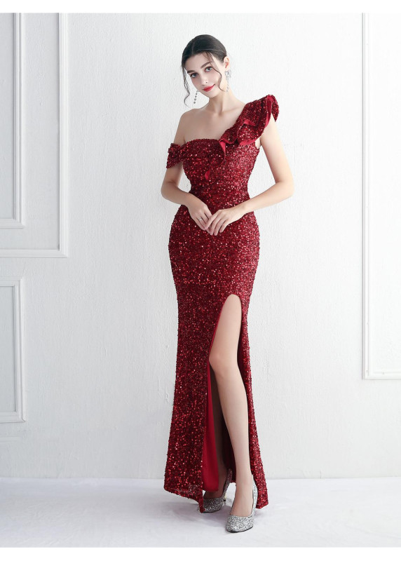 Refined Golden Rose Sequined Evening Gown with Asymmetric Neckline