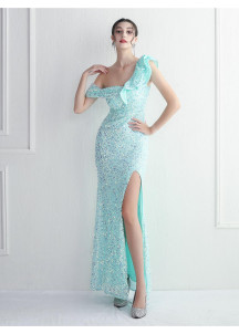 Refined Golden Rose Sequined Evening Gown with Asymmetric Neckline
