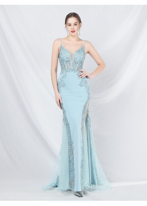 Chic Mermaid Evening Gown in Pale Blue Satin with Sheer Side Slit