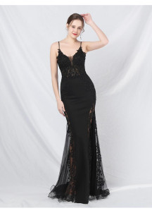 Chic Mermaid Evening Gown in Pale Blue Satin with Sheer Side Slit