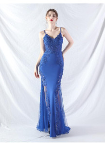 Chic Mermaid Evening Gown in Pale Blue Satin with Sheer Side Slit