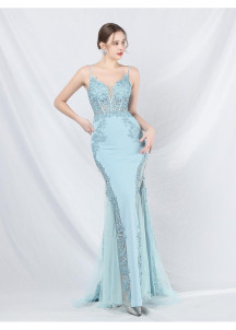 Chic Mermaid Evening Gown in Pale Blue Satin with Sheer Side Slit