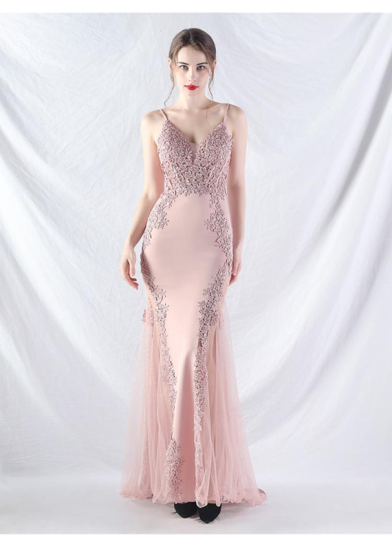 Chic Mermaid Evening Gown in Pale Blue Satin with Sheer Side Slit