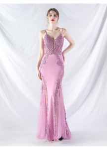 Robe de soirée sirène chic en satin bleu ciel et dentelle fente latérale transparente