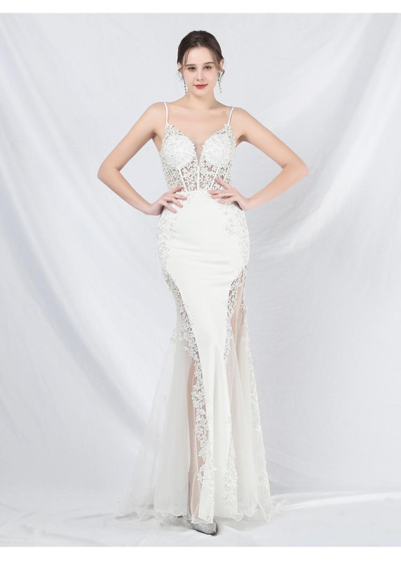 Chic Mermaid Evening Gown in Pale Blue Satin with Sheer Side Slit