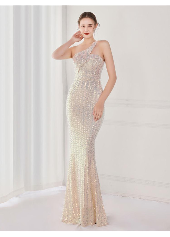 Shimmering Mermaid Evening Gown in Iridescent Tones with Asymmetric Neckline