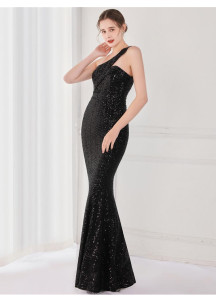 Robe de soirée sirène scintillante aux tons changeants avec décolleté asymétrique