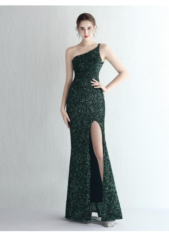 Shimmering Asymmetric Evening Gown with Glamorous Silver Sequin Details