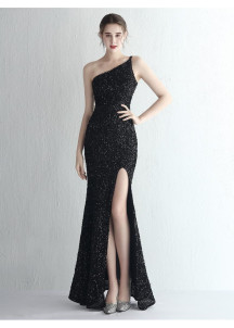 Robe de soirée asymétrique scintillante aux détails glamour paillettes grises argentées