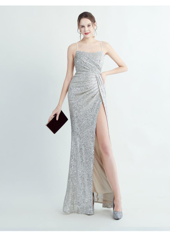 Refined Emerald Green Sequin Evening Gown with Side Slit
