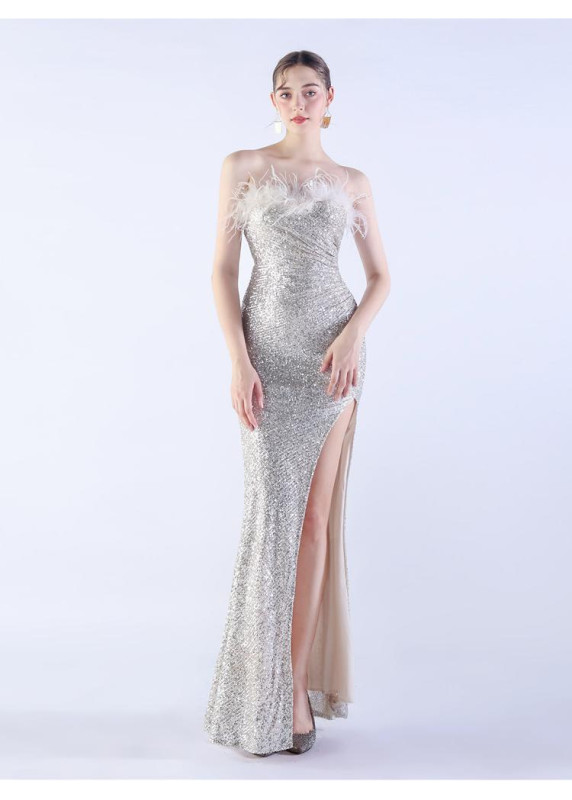 Glamorous Feathered White Sequin Evening Gown