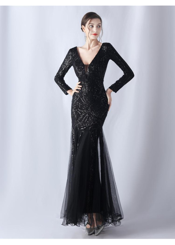 Robe de soirée sirène en sequins violets avec manches longues