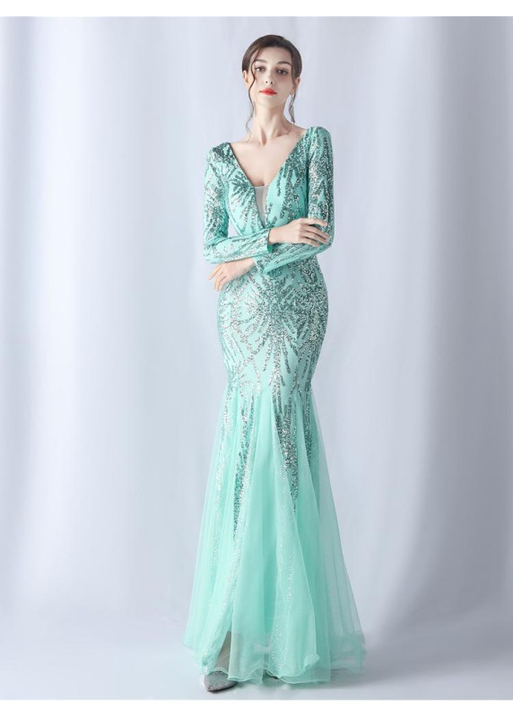 Violet Sequin Mermaid Evening Gown with Long Sleeves