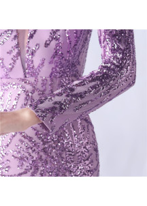Vestido de Noche de Sirena de Lentejuelas Violetas con Mangas Largas