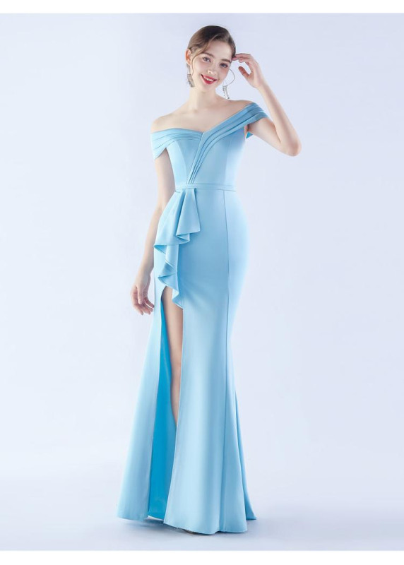 Off-the-Shoulder Sky Blue Satin Mermaid Evening Gown with Asymmetric Draping