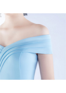 Off-the-Shoulder Sky Blue Satin Mermaid Evening Gown with Asymmetric Draping