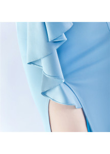 Off-the-Shoulder Sky Blue Satin Mermaid Evening Gown with Asymmetric Draping