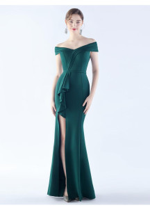 Off-the-Shoulder Sky Blue Satin Mermaid Evening Gown with Asymmetric Draping