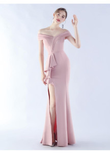 Off-the-Shoulder Sky Blue Satin Mermaid Evening Gown with Asymmetric Draping