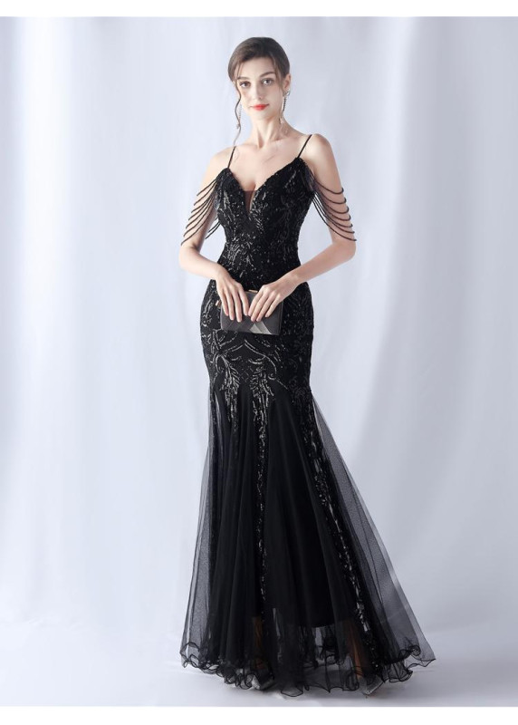 Pale Pink Sequin Mermaid Evening Gown with Tulle Flared Skirt