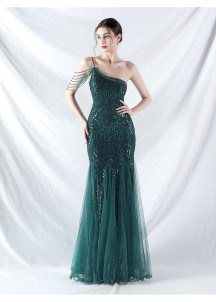 Pale Pink Mermaid Evening Gown Adorned with Geometric Sequins