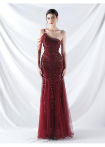 Pale Pink Mermaid Evening Gown Adorned with Geometric Sequins