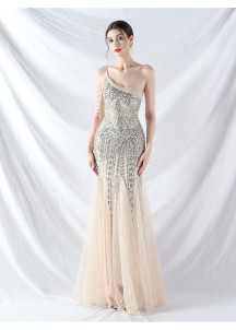 Pale Pink Mermaid Evening Gown Adorned with Geometric Sequins
