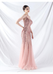 Pale Pink Mermaid Evening Gown Adorned with Geometric Sequins