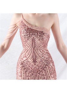 Pale Pink Mermaid Evening Gown Adorned with Geometric Sequins