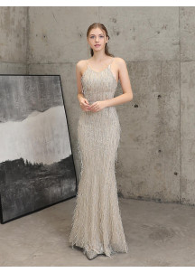 White Sheath Evening Gown Adorned with Refined Fringes