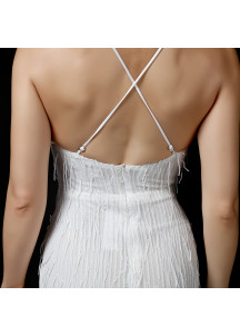 White Sheath Evening Gown Adorned with Refined Fringes
