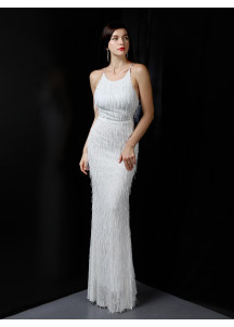 Vestido de Noche Tipo Funda Blanco Adornado con Refinados Volantes