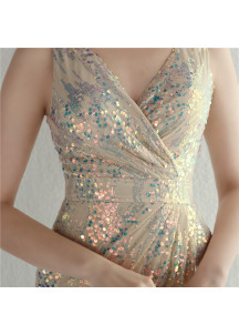 Sparkling Iridescent Champagne Long Evening Gown with High Slit