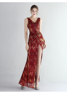 Sparkling Iridescent Champagne Long Evening Gown with High Slit